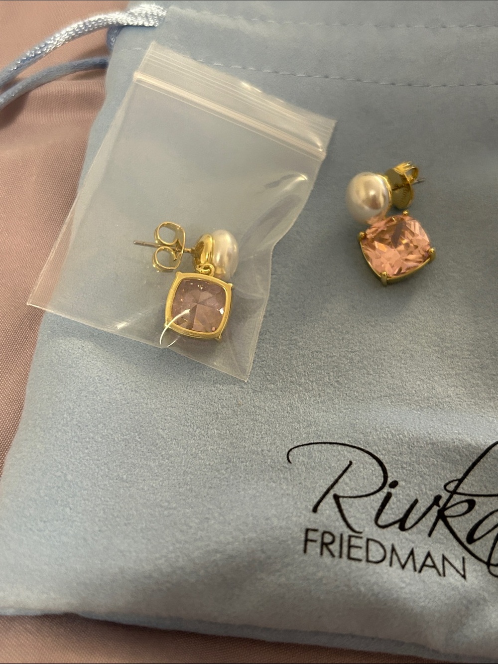 Rivka Friedman Pink Crystal and Pearl Drop Stud Earrings